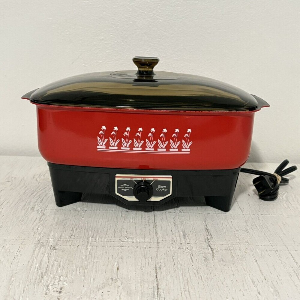 VTG 1987 West Bend Vintage Rectangular Slow Cooker Crock Pot Red Smokey Cover